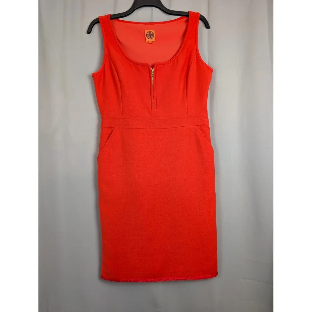 Tory Burch Sheath Dress‎ SZ 14 Orange Pockets Textured Sleeveless